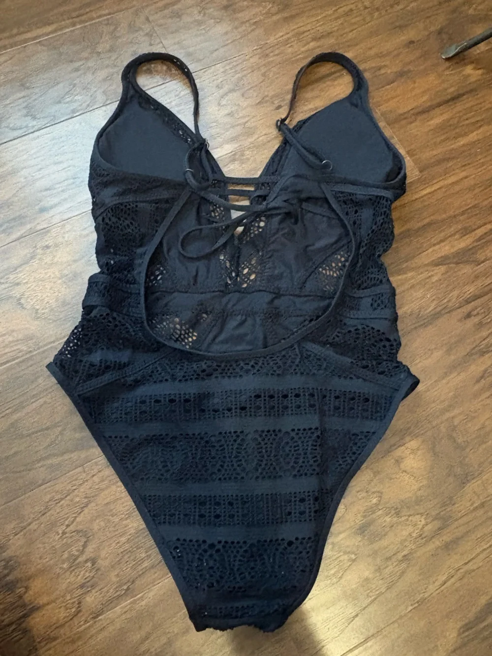 BECCA Black Color Play Plunge Crochet One-Piece Swimsuit - Picture 4 of 8